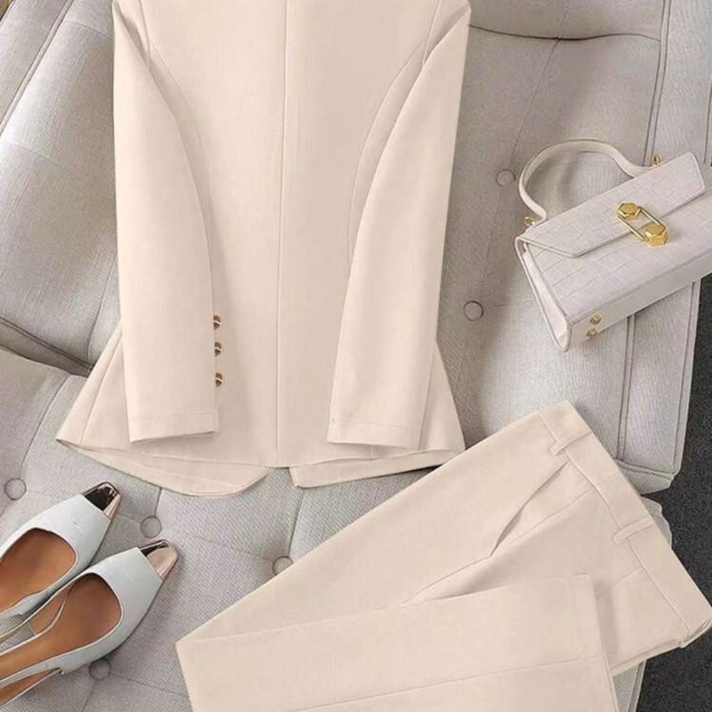 SHEIN Cream Double-Breasted Long sleeve Suit Jacket and pants Set